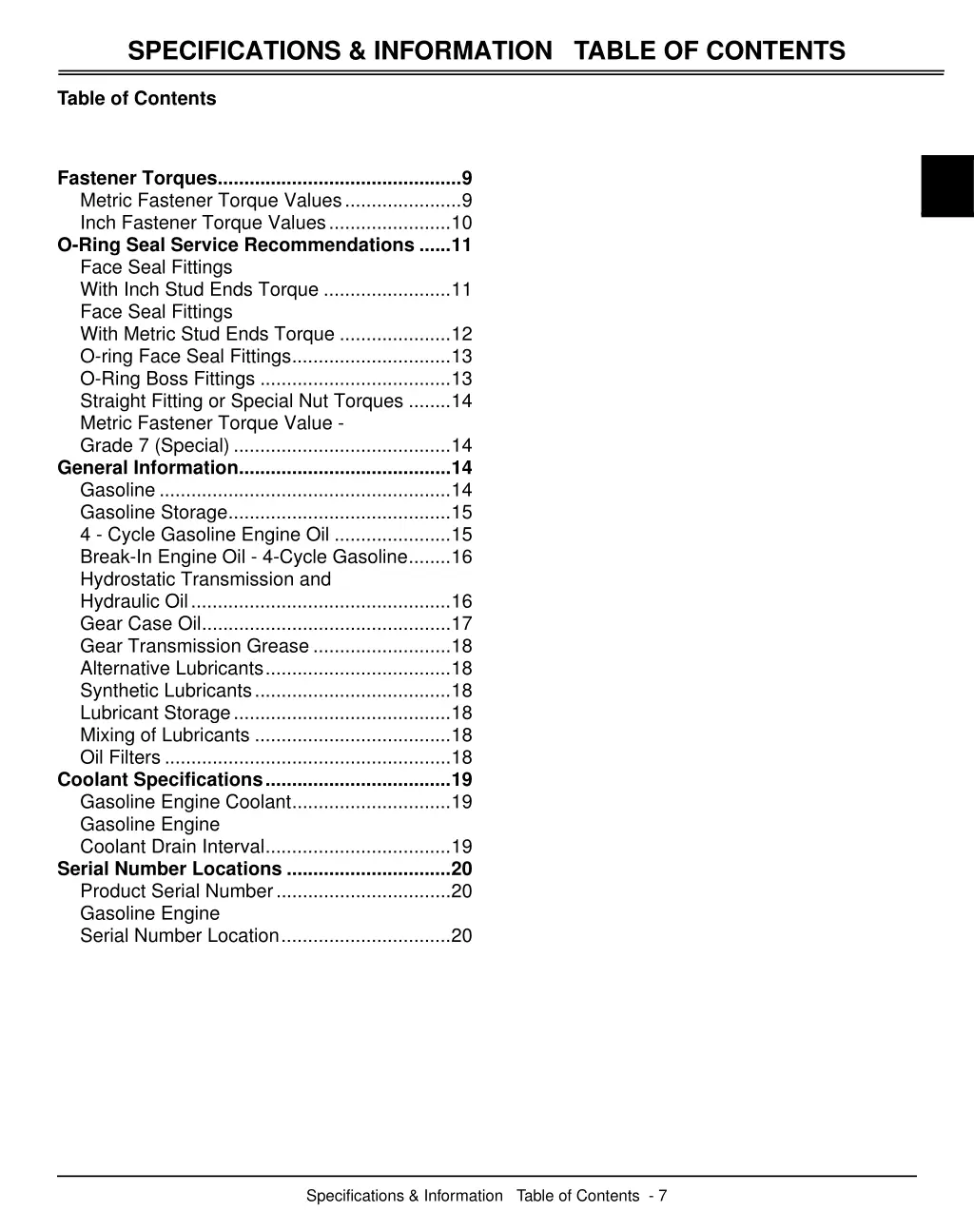 specifications information table of contents