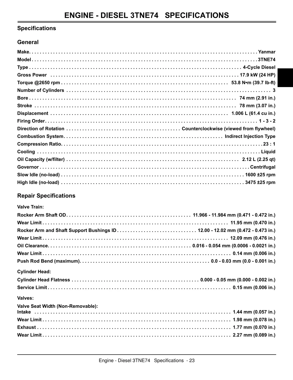 engine diesel 3tne74 specifications