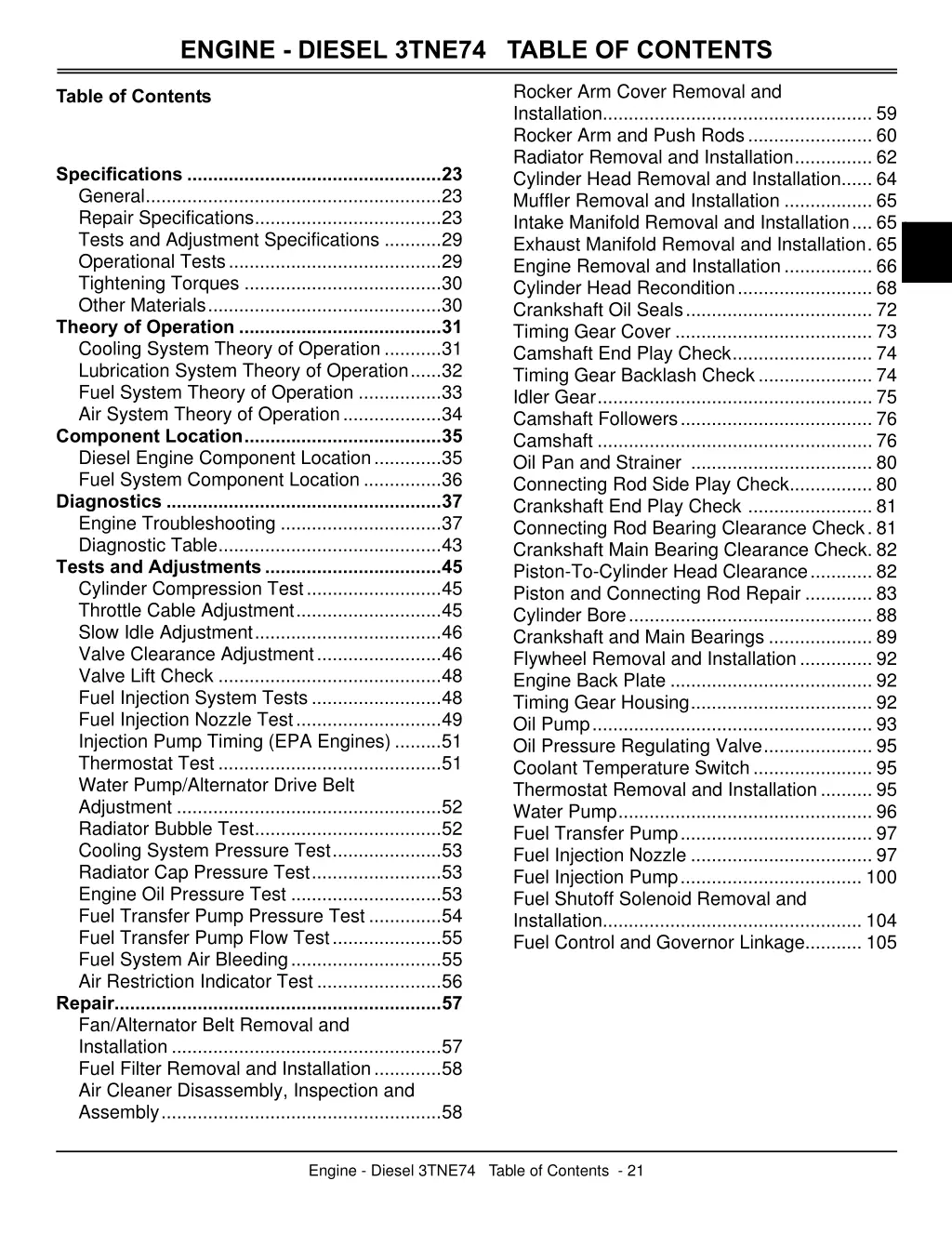 engine diesel 3tne74 table of contents