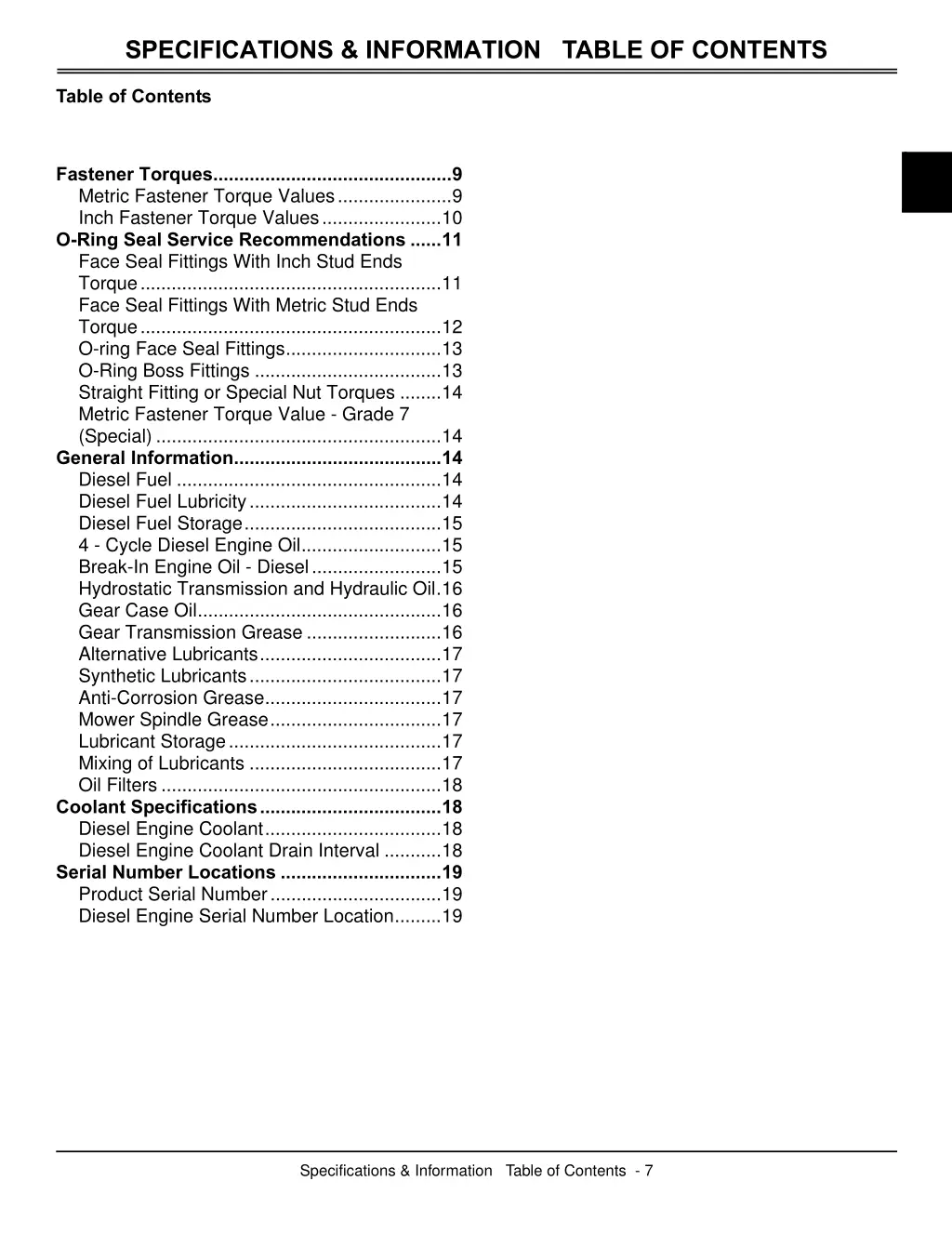 specifications information table of contents