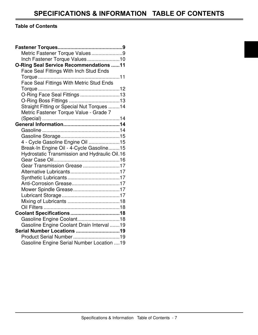 specifications information table of contents