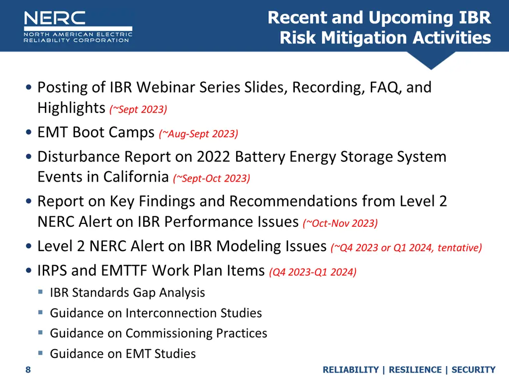 recent and upcoming ibr risk mitigation activities