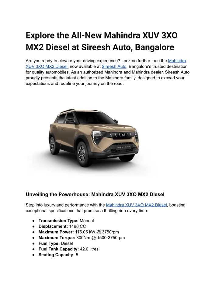 explore the all new mahindra xuv 3xo mx2 diesel