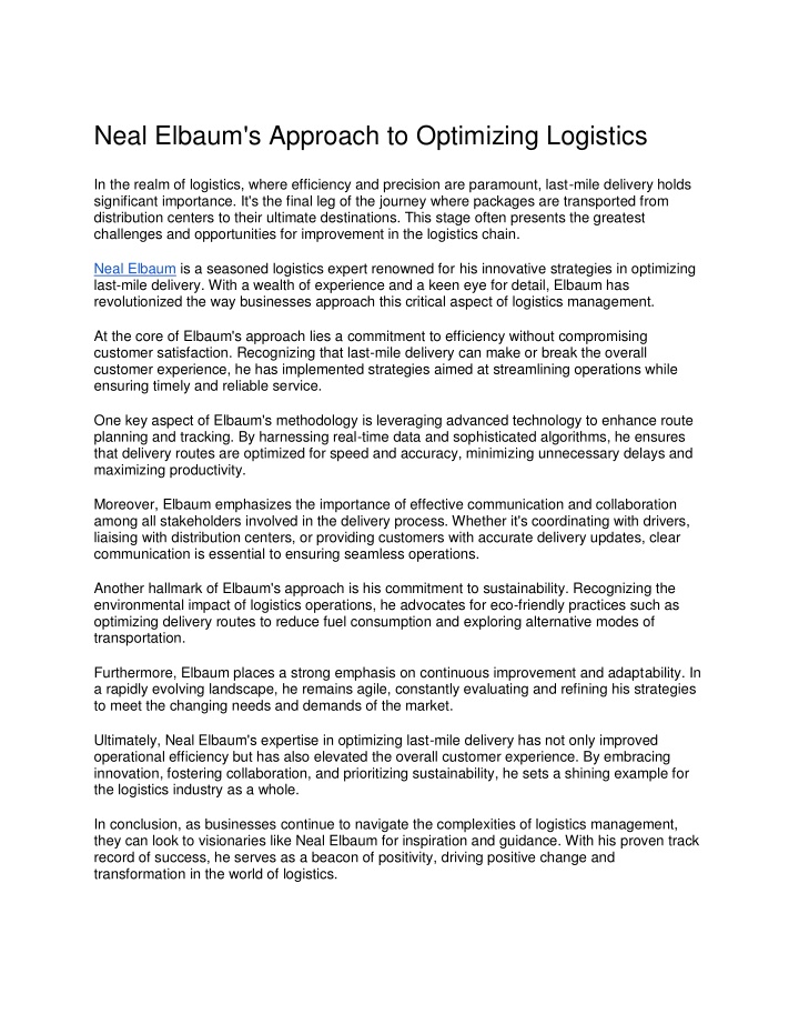 neal elbaum s approach to optimizing logistics