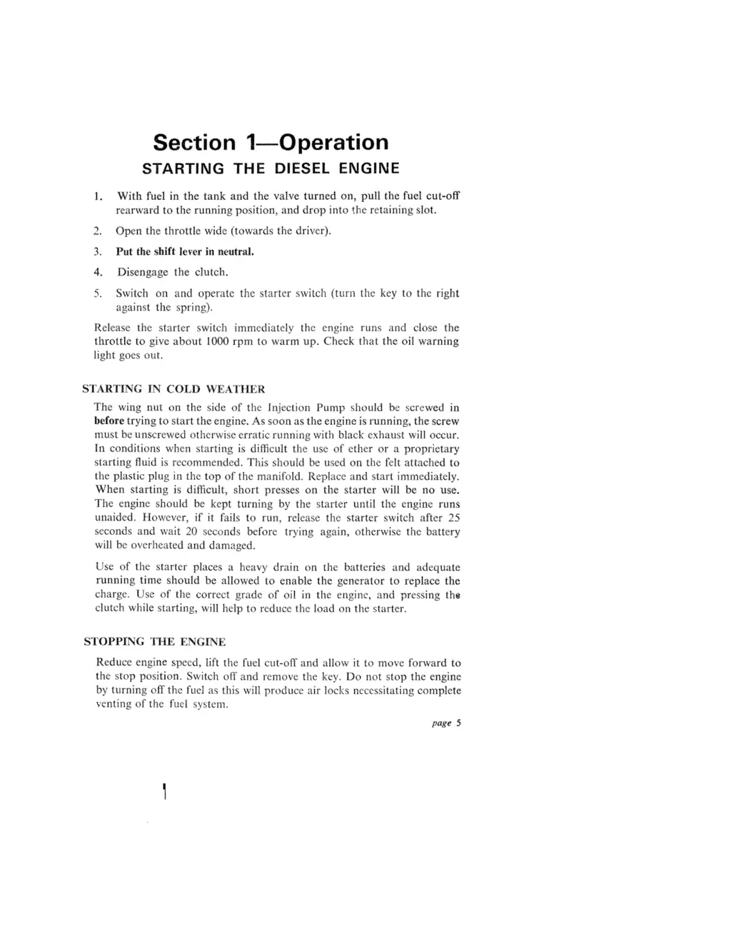 section 1 0peration starting the diesel engine