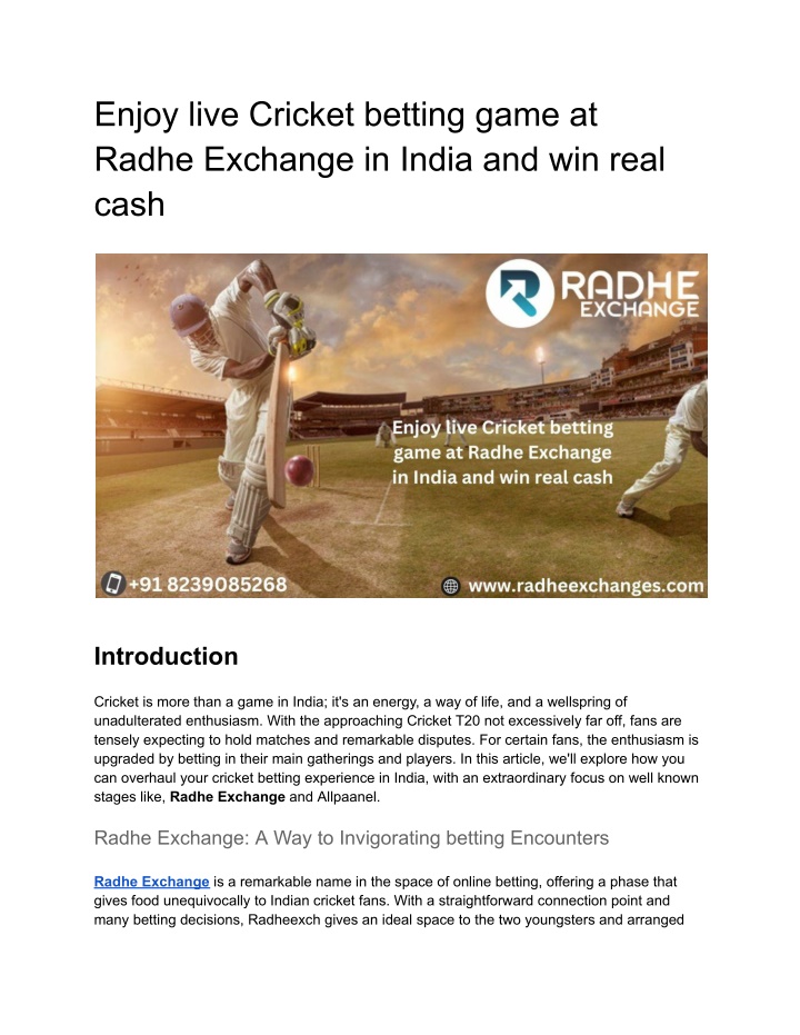 enjoy live cricket betting game at radhe exchange
