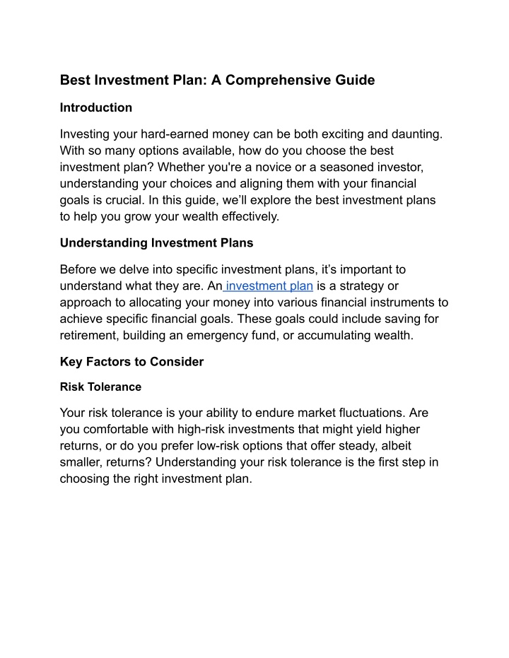 best investment plan a comprehensive guide
