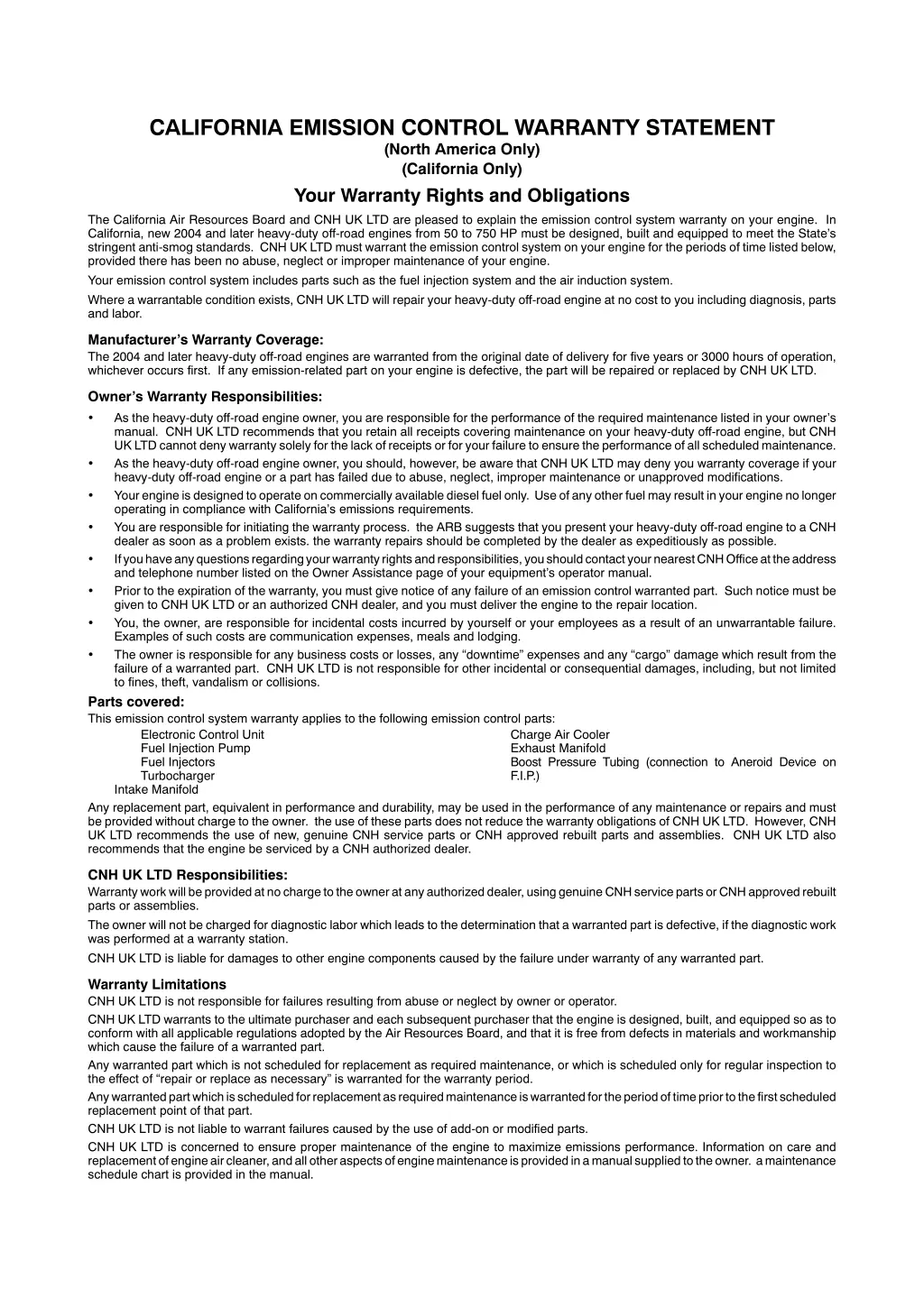 california emission control warranty statement