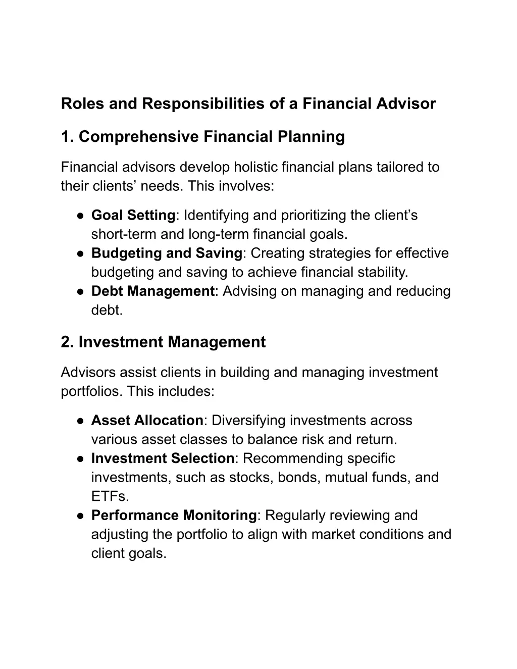 roles and responsibilities of a financial advisor