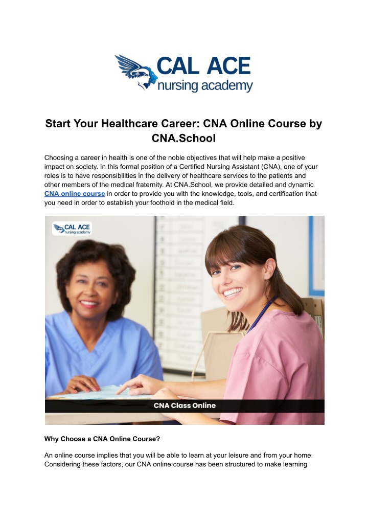 start your healthcare career cna online course