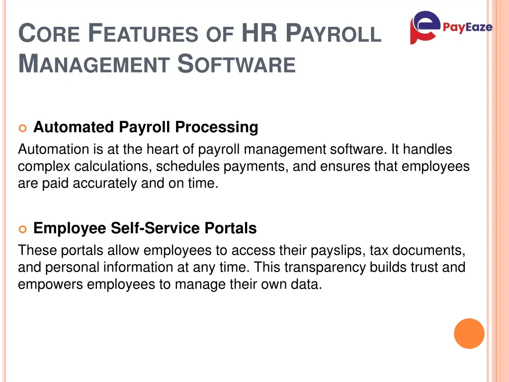 c ore f eatures of hr p ayroll m anagement