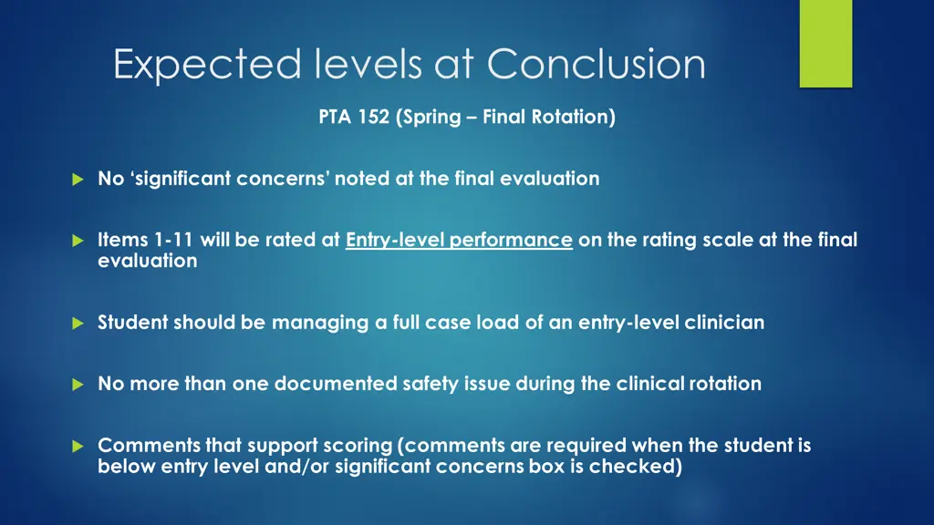 expected levels at conclusion