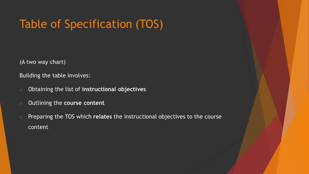 table of specification tos