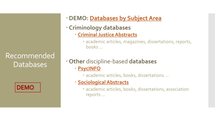 demo databases by subject area criminology