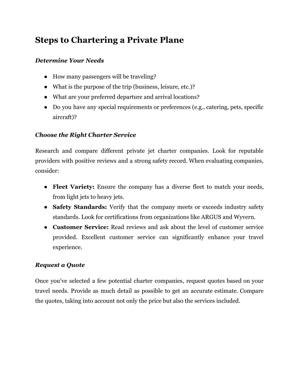 steps to chartering a private plane