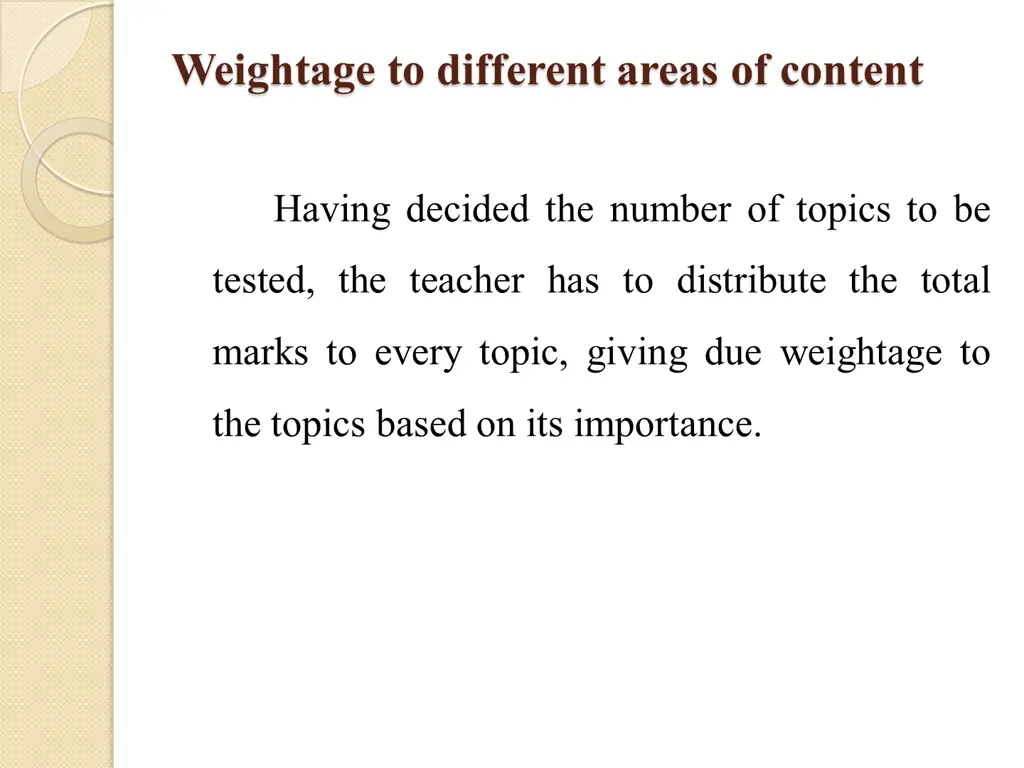 weightage to different areas of content