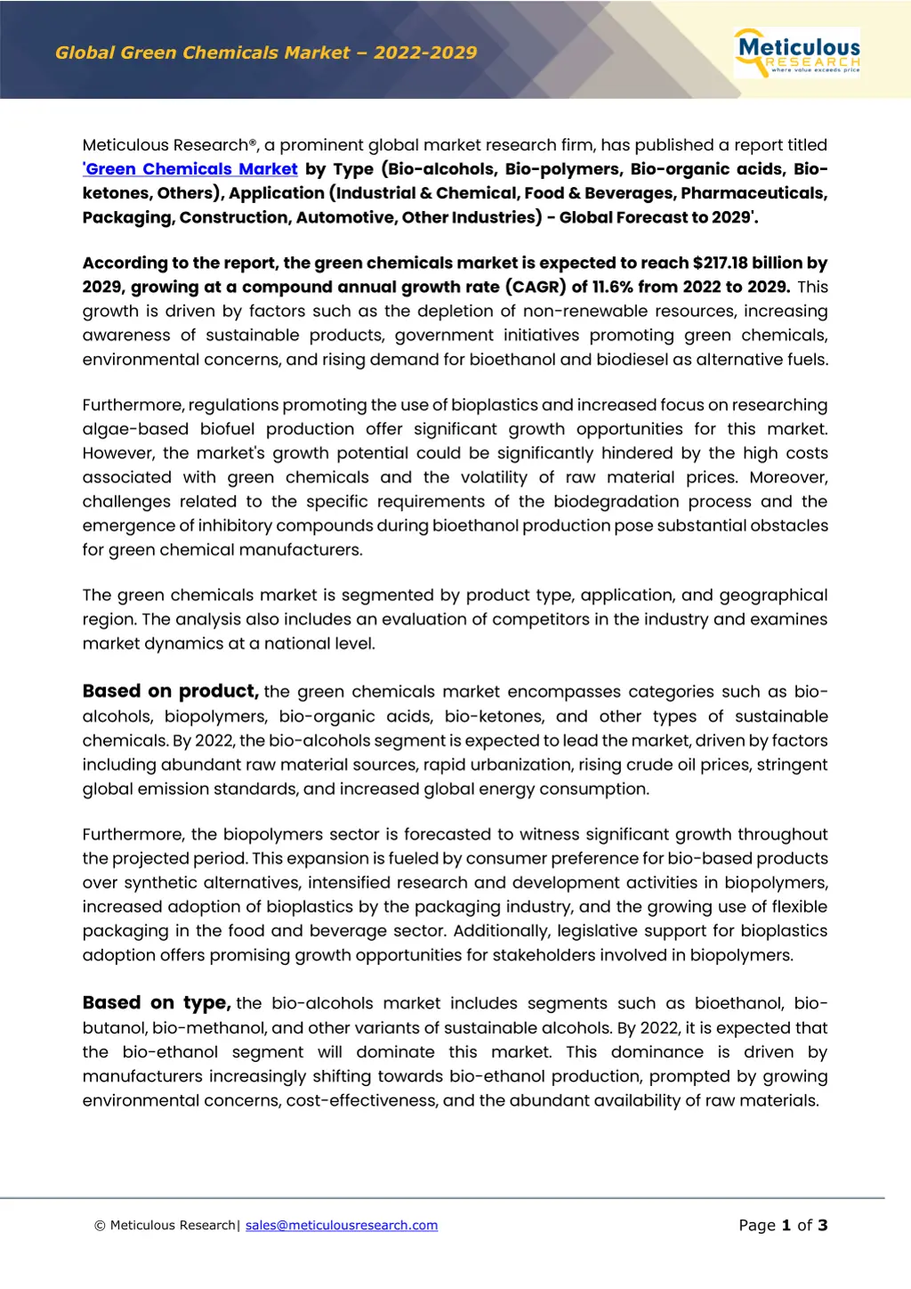 global green chemicals market 2022 2029