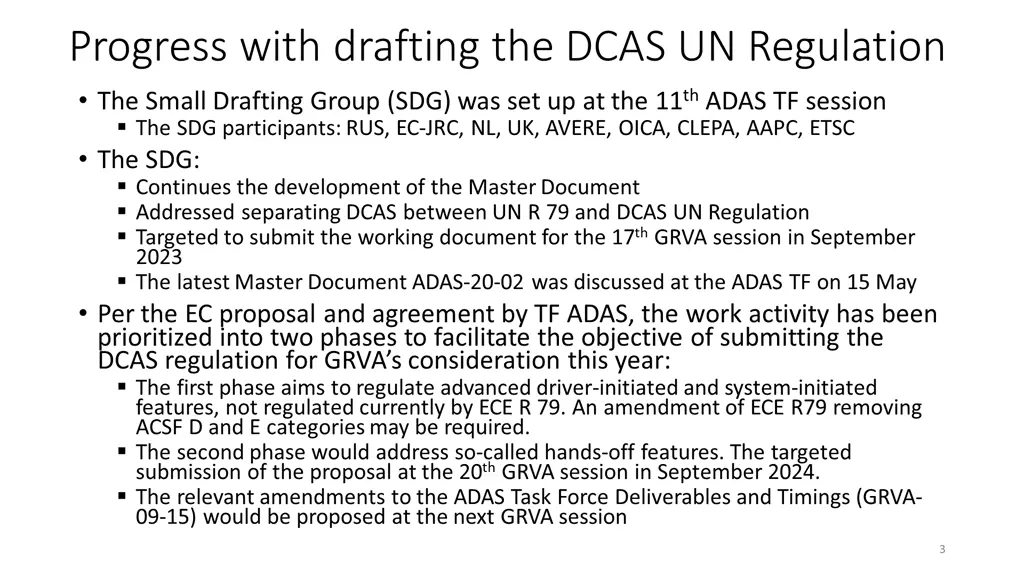 progress with drafting the dcas un regulation