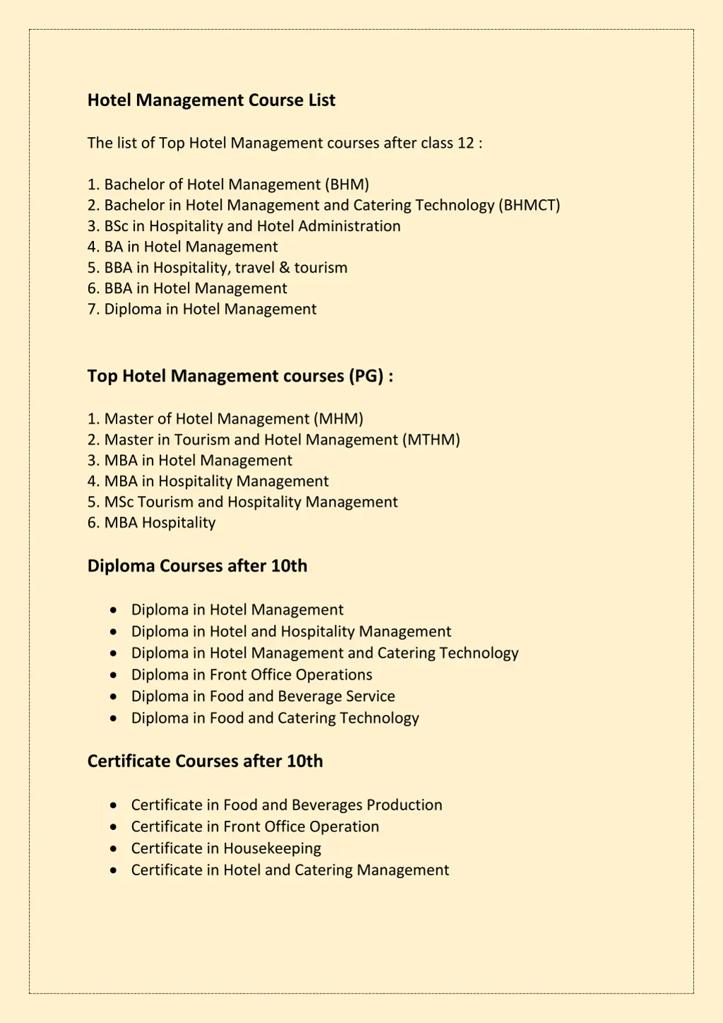 hotel management course list the list