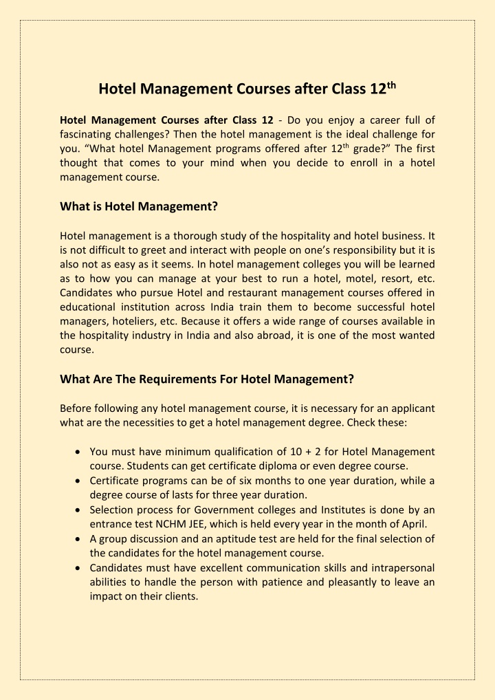 hotel management courses after class 12 th