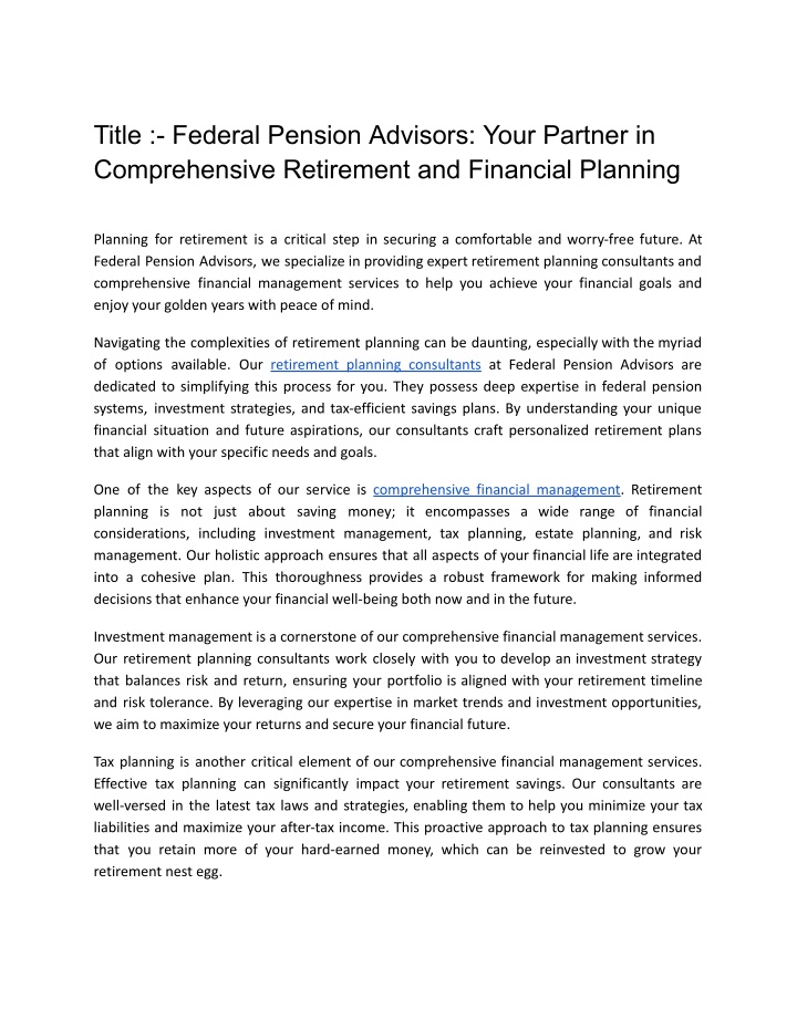 title federal pension advisors your partner