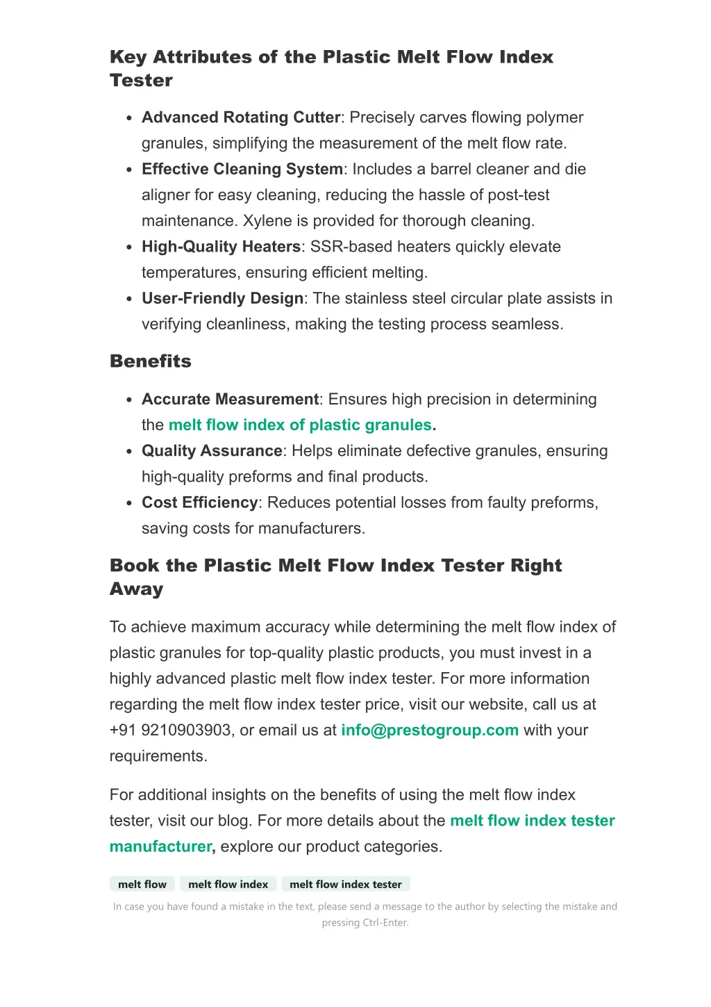 key attributes of the plastic melt flow index