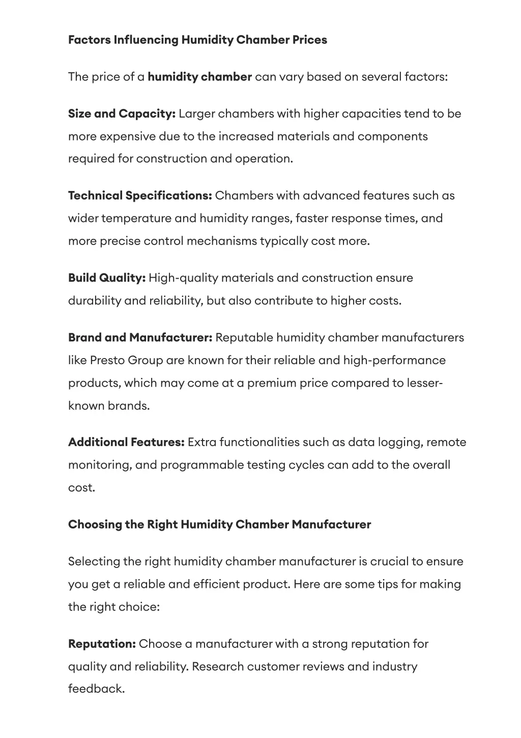 factors in uencing humidity chamber prices