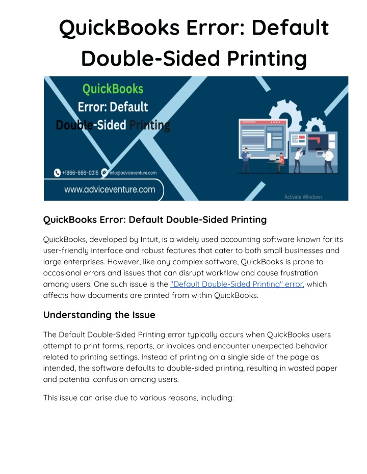 quickbooks error default double sided printing