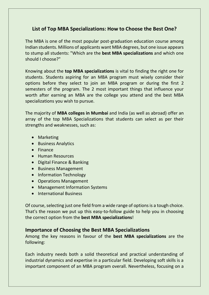 list of top mba specializations how to choose