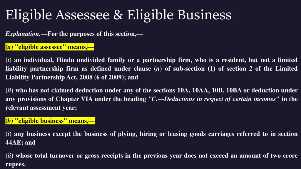 eligible assessee eligible business