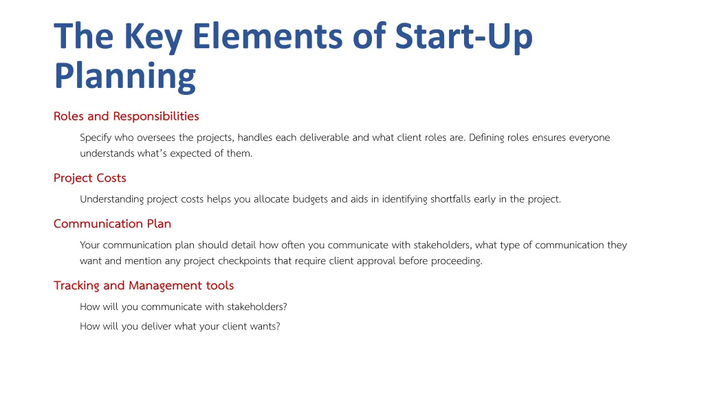 the key elements of start up planning roles