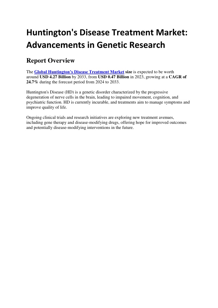 huntington s disease treatment market