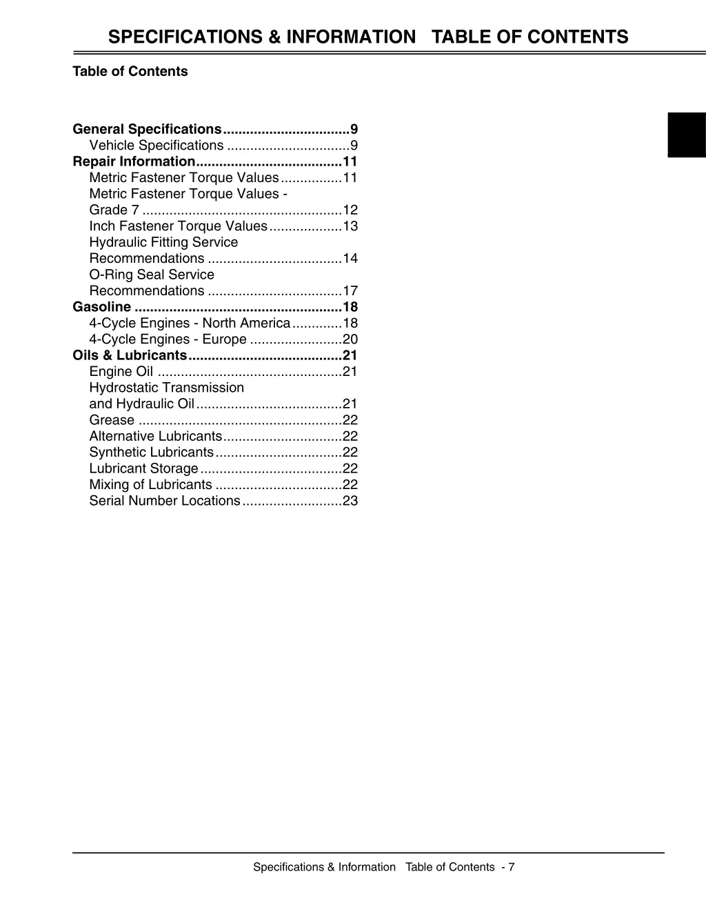 specifications information table of contents