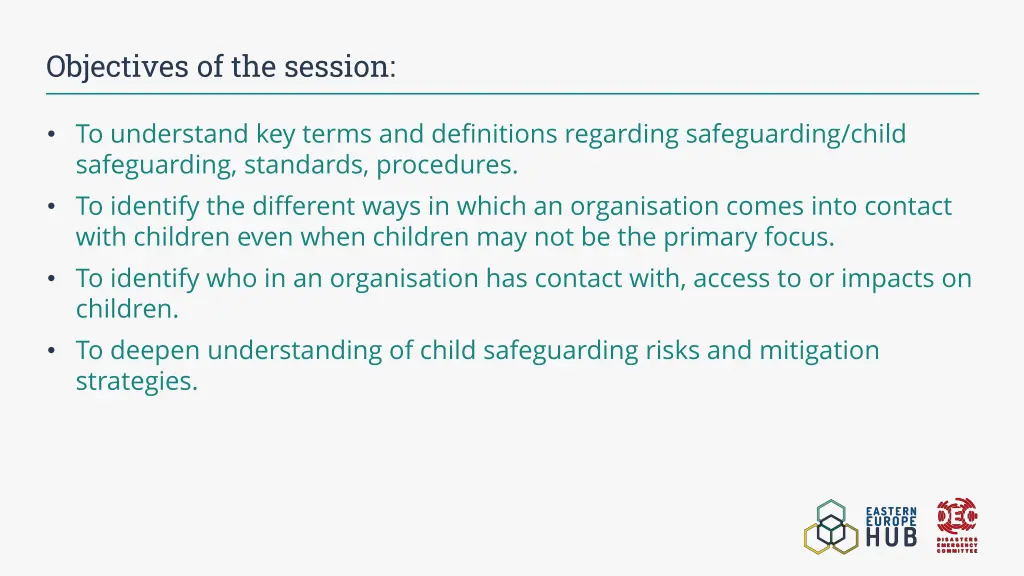 objectives of the session