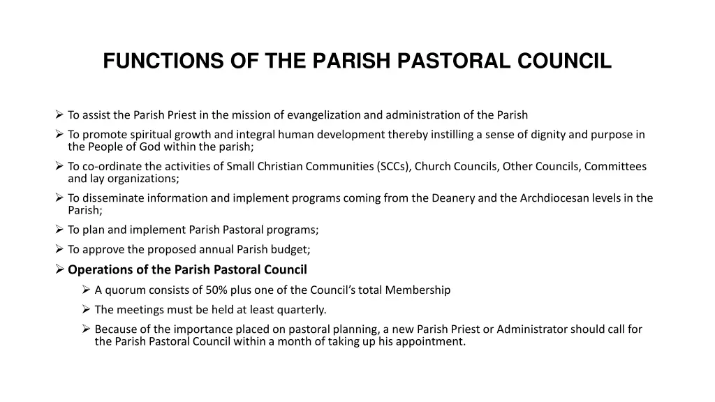 functions of the parish pastoral council