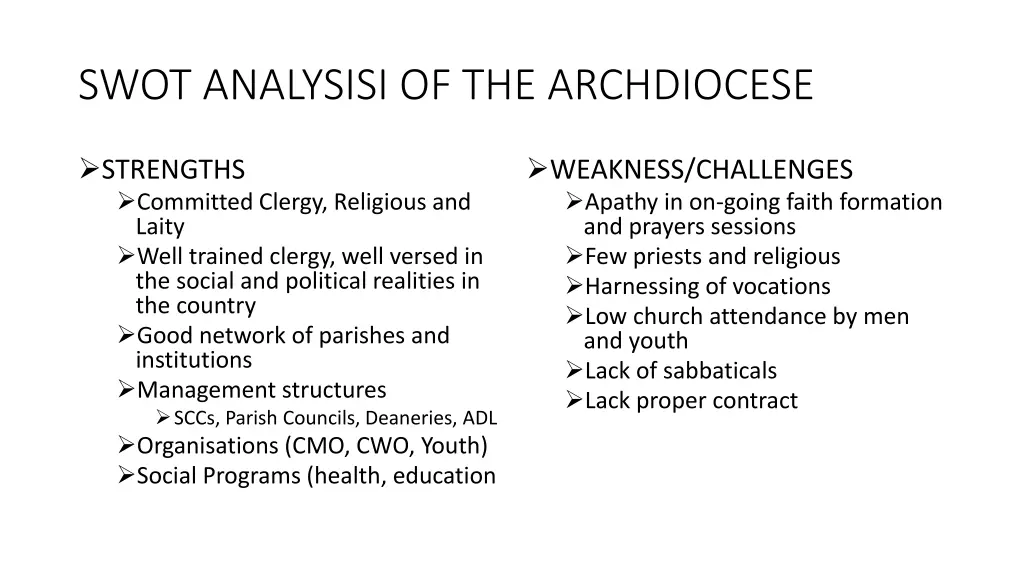 swot analysisi of the archdiocese