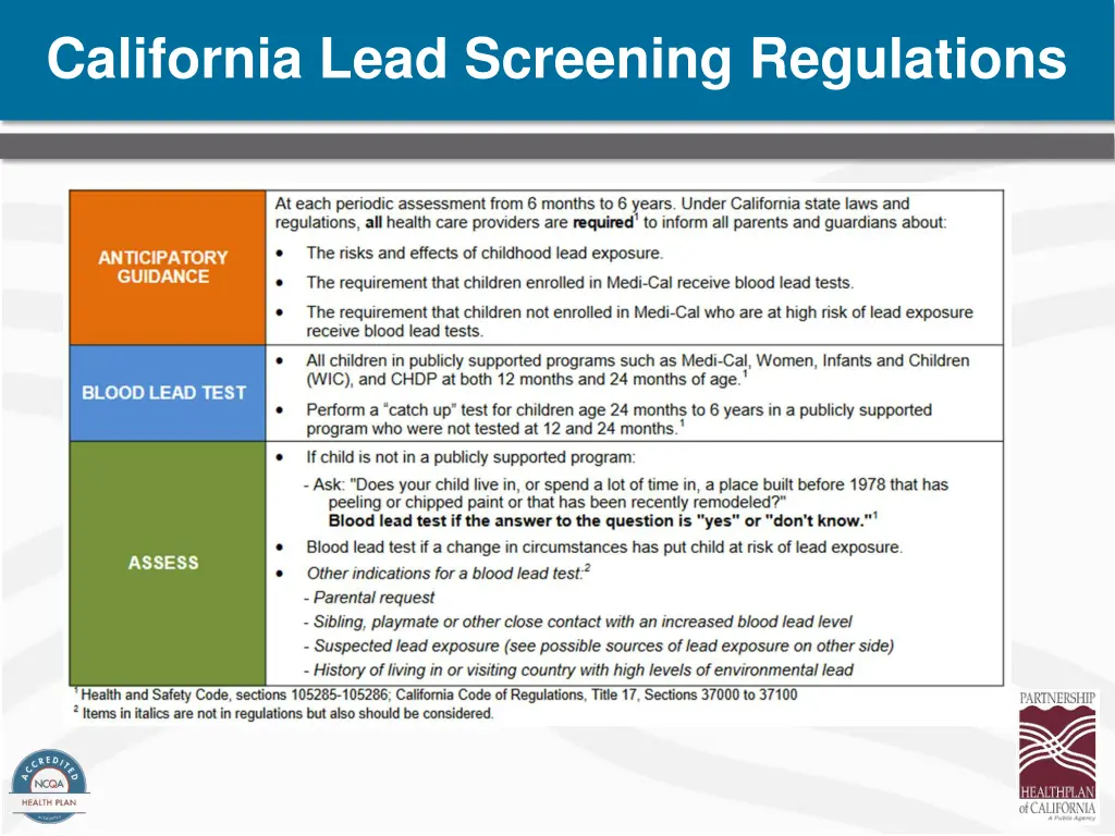 california lead screening regulations