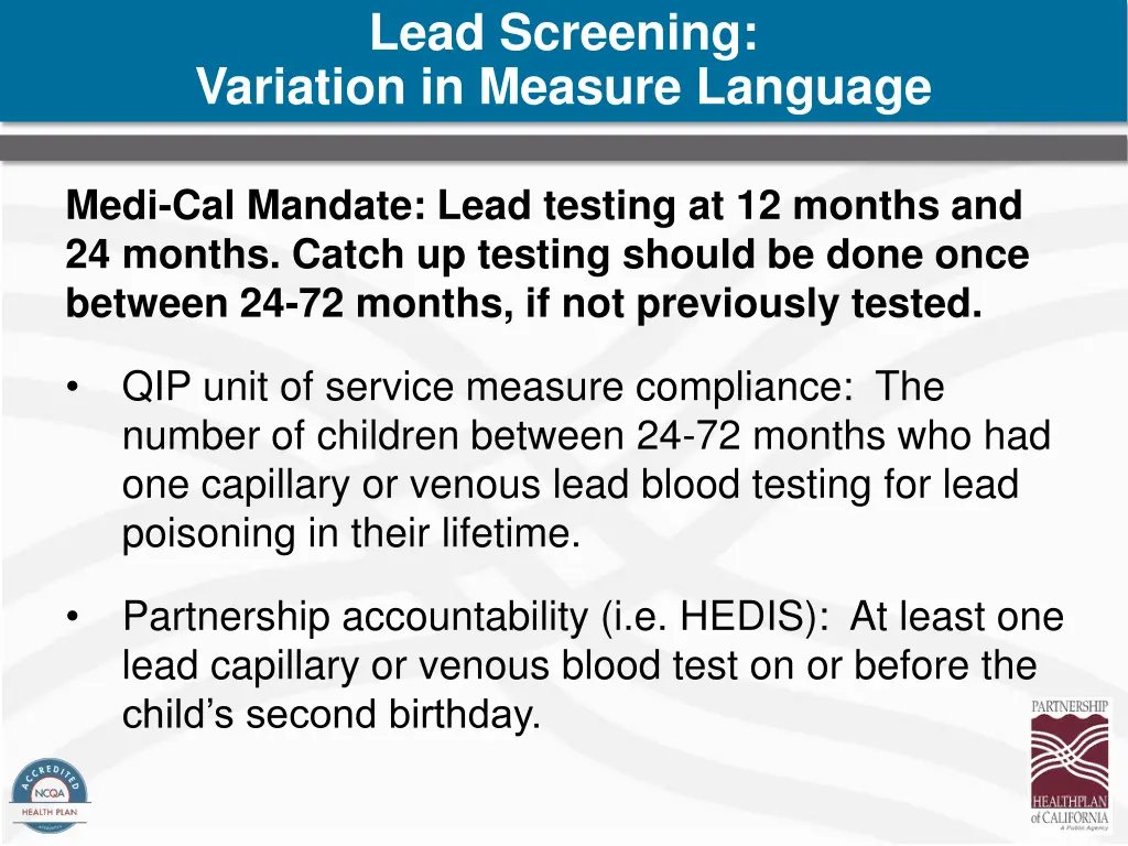 lead screening variation in measure language