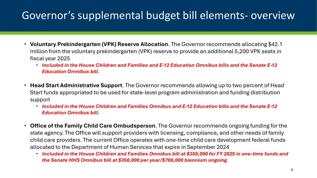 governor s supplemental budget bill elements