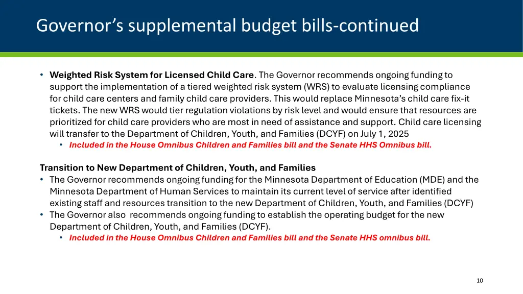 governor s supplemental budget bills continued