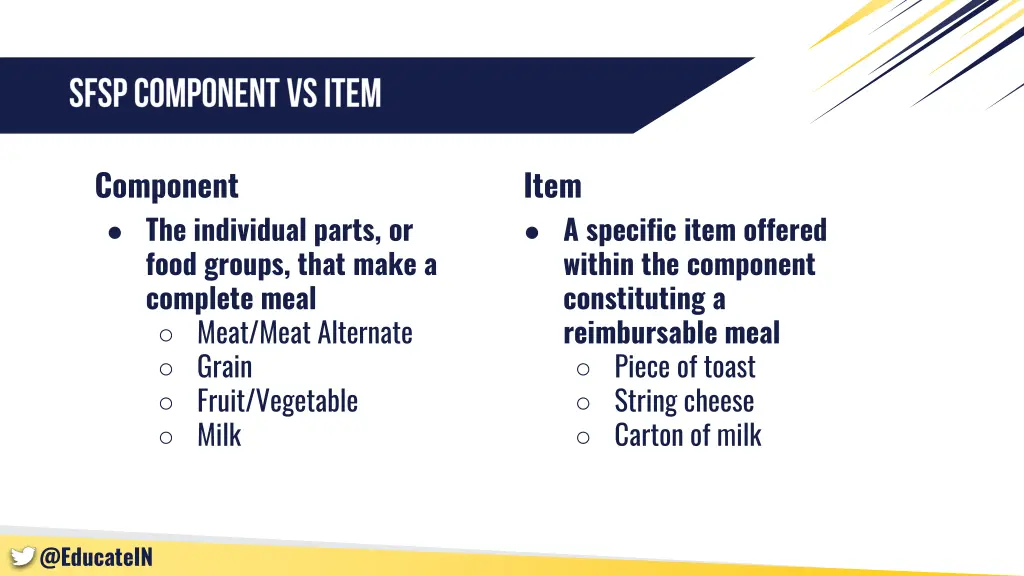 component the individual parts or food groups