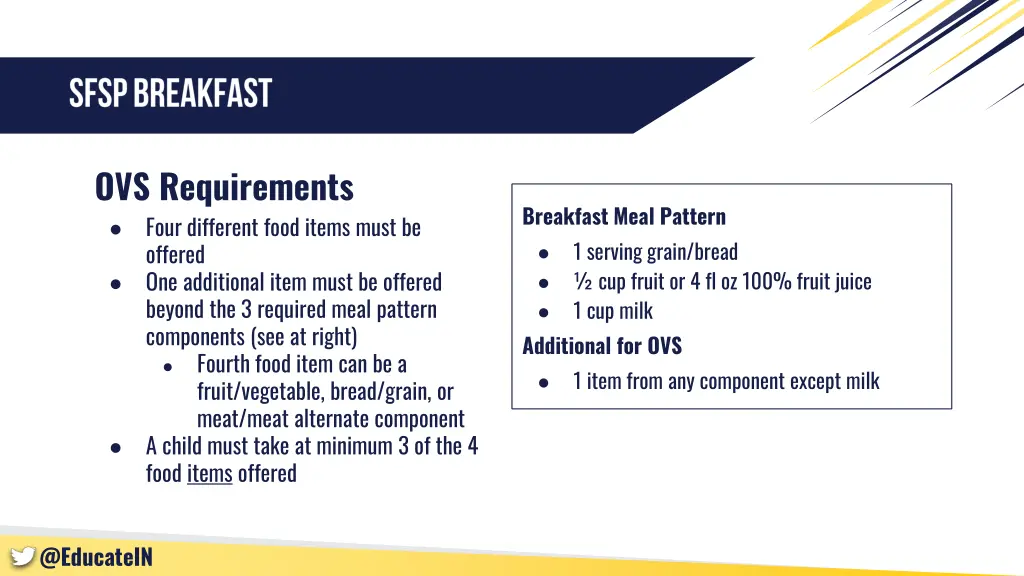 ovs requirements four different food items must