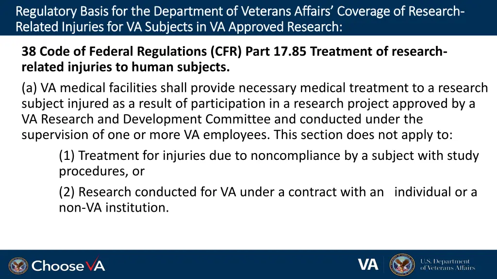 regulatory basis for the department of veterans