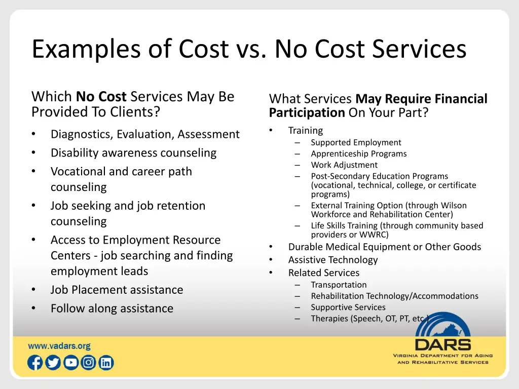 examples of cost vs no cost services