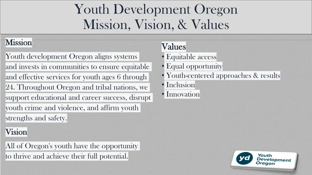 youth development oregon mission vision values