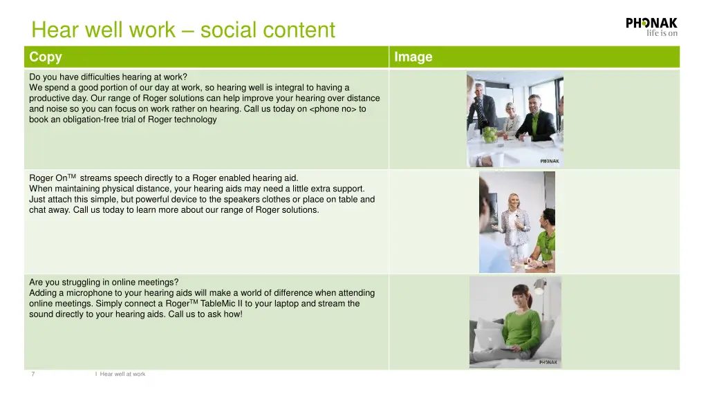 hear well work social content copy