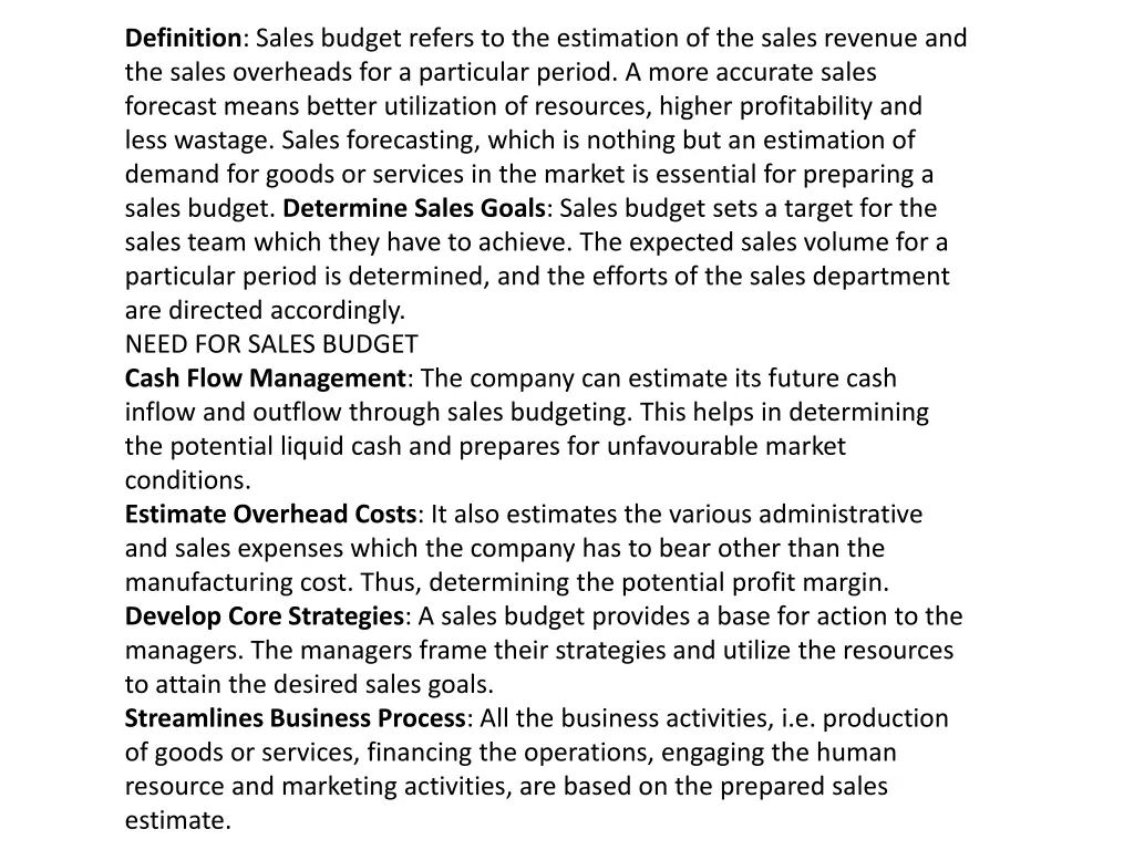 definition sales budget refers to the estimation