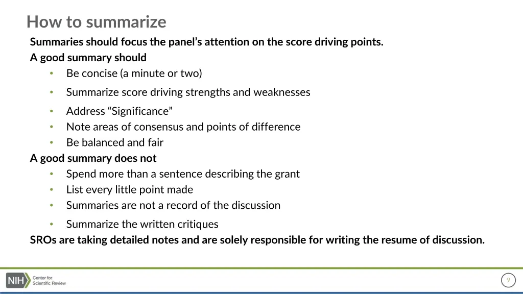 how to summarize summaries should focus the panel