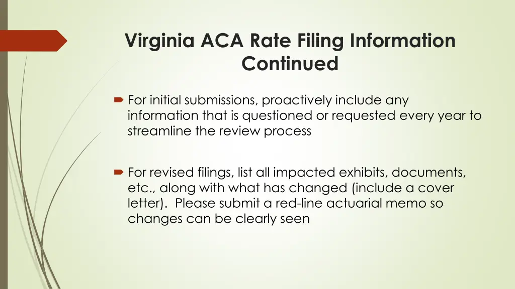 virginia aca rate filing information continued