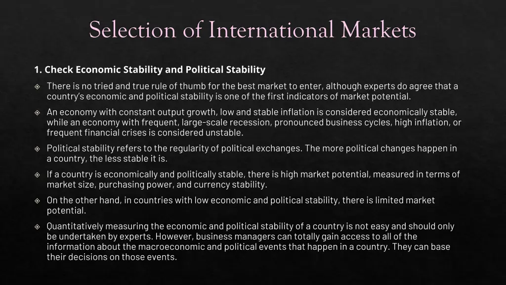 selection of international markets